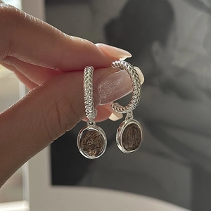Vintage 925 Sterling Silver Rutilated Quartz Oval Dangle Earrings For Women Retro Twisted Rope Design Minimalist Fashion Jewelry