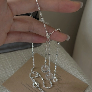 Minimalist S925 sterling silver beaded necklace with double clear crystal ball pendants