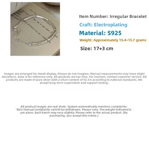 Detail view of S925 sterling silver hollow tube bracelet with 17+3cm extension chain