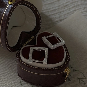 Sparkling S925 sterling silver square earrings displayed in a vintage heart jewelry box