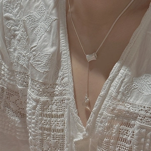 Collier long en argent S925 en forme de Y avec pendentif goutte sur dentelle