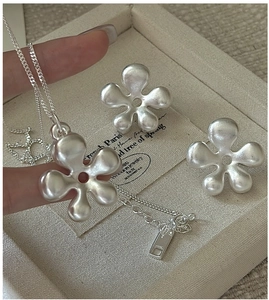 Detail of S925 sterling silver hollow flower necklace and earrings set on jewelry box
