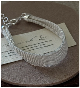 Macro detail of silver mesh bracelet featuring a lobster clasp and adjustable link chain