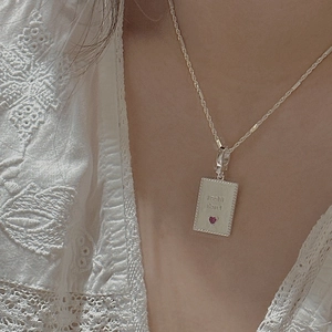 S925 sterling silver necklace with Good Luck rectangular pendant and red heart detail