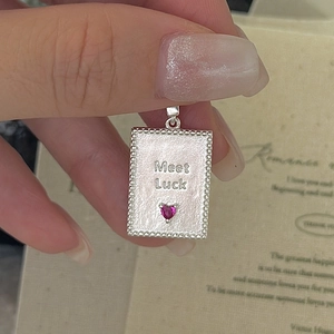 S925 sterling silver Meet Luck rectangular pendant with pink heart gemstone