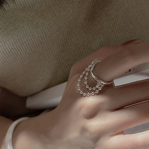 S925 sterling silver minimalist open ring featuring a three-layer bead tassel design