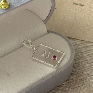 Vintage S925 silver rectangular pendant with red heart gemstone and Meet Luck engraving