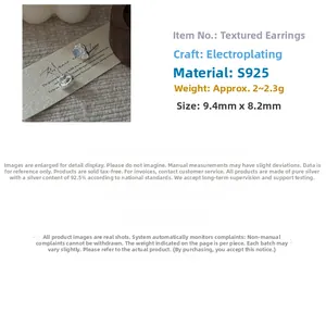 Macro detail of S925 sterling silver earrings with unique textured finish and 9.4mm size