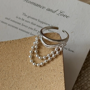 S925 sterling silver double-layer open ring featuring delicate bead chain tassels