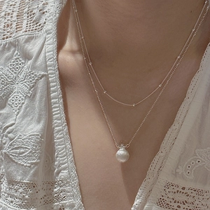 Minimalist S925 sterling silver double layer necklace with a frosted ball pendant