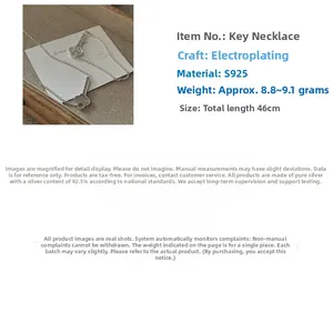Detailed specs for S925 sterling silver key pendant necklace with 46cm chain