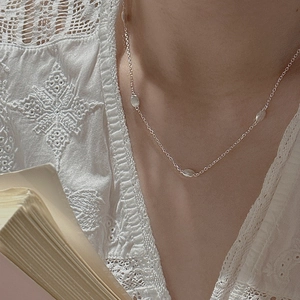 Minimalist S925 sterling silver brushed bead necklace worn with white lace top