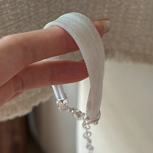 S925 sterling silver woven mesh bracelet with adjustable lobster clasp and metal texture