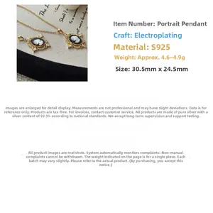 Detailed specs of S925 silver cameo portrait pendant with zircon inlay and gold finish