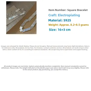 Detail of S925 sterling silver square link bracelet with 16+3cm length specifications