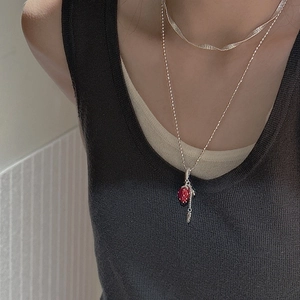 S925 sterling silver layered strawberry necklace with wide snake chain and bead chain
