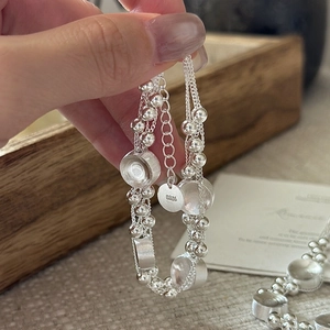 925 Sterling Silver Multi-layer Beaded Bracelet For Women Minimalist Korean Style Geometric Disc Pendant Hand Jewelry