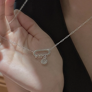 S925 sterling silver carabiner necklace with asymmetric paperclip chain and zircon