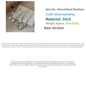 Detailed S925 sterling silver beaded necklace showing 43cm length and 13.4g weight