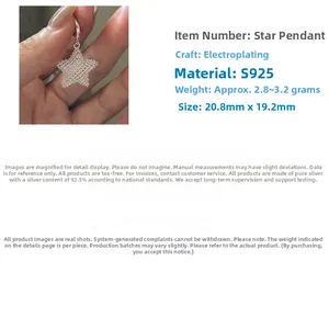 Macro detail of S925 sterling silver star pendant showing 3D grid texture and dimensions