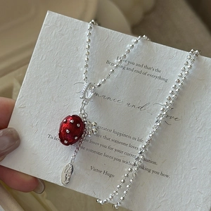 Elegant S925 sterling silver strawberry pendant necklace with red enamel and bead chain