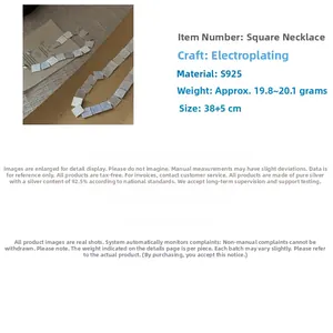 Detail of S925 sterling silver square slice chain necklace with 38+5cm adjustable length