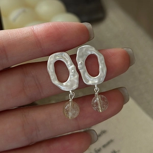 S925 Sterling Silver Rutilated Quartz Drop Earrings Vintage Matte Irregular Geometric Hollow Dangle Earrings For Women