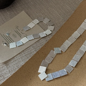 Minimalist S925 sterling silver square sequin necklace and bracelet set with brushed finish