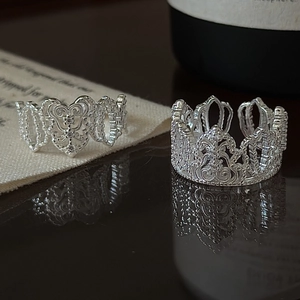 Anello in Argento Sterling 925 Vintage Traforato in Pizzo da Donna Stile Palazzo Retrò Cuore Corona Strass Anello Regolabile