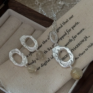 S925 sterling silver necklace and earring set with matte texture and yellow quartz