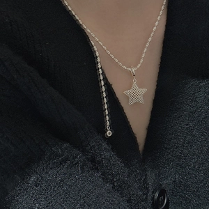 S925 sterling silver five-pointed star pendant with 3D mesh texture on a model