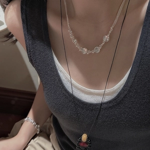 Minimalist S925 silver multilayer necklace set with transparent beads and black rope