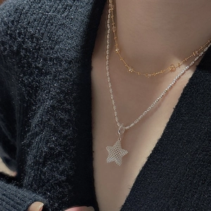 S925 sterling silver layered necklace with minimalist 3D star pendant and sparkling beads