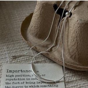 Détail macro du collier minimaliste argenté avec pendentif incurvé élégant