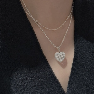 S925 sterling silver hollow mesh heart pendant necklace with layered brown bead chain