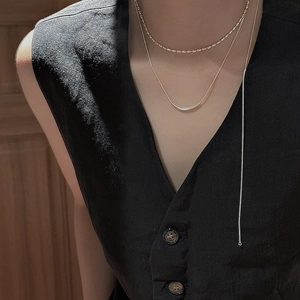 Collier double rang en argent sterling S925 minimaliste avec chaîne serpent et pendentif