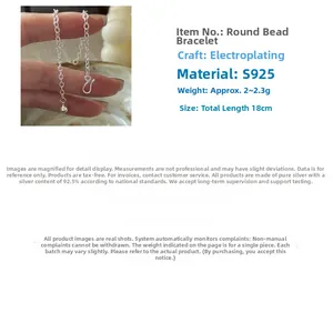 Detail of S925 sterling silver beaded bracelet showing 18cm length and 2.3g weight