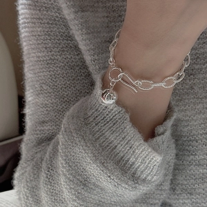 Vintage 925 sterling silver beaded bracelet with textured links and a sphere charm