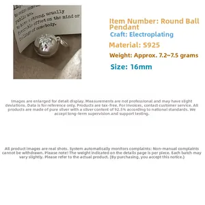 Detail of S925 sterling silver ball pendant with star pattern and zircon, 16mm size