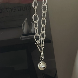 Retro 925 sterling silver beaded chunky chain necklace with large polished sphere pendant