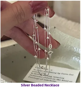 Detailed view of an S925 silver beaded chain necklace with cone-shaped charms