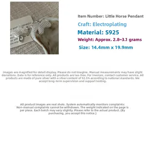 Detailed specs of S925 sterling silver horse pendant weighing 2.8g and sized 14.4x19.9mm