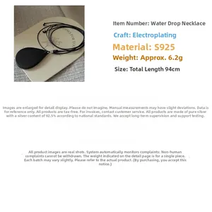 Detail view of S925 sterling silver teardrop necklace with 94cm long adjustable cord