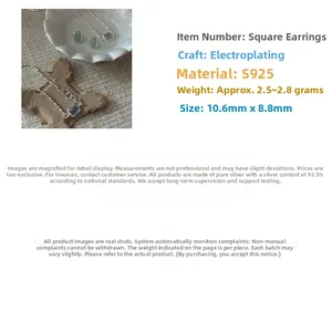 Macro shot of S925 silver square earrings with light blue gemstone measuring 10.6mm by 8.8mm