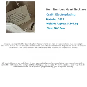 Detailed view of S925 sterling silver heart-shaped necklace with weight and size specs