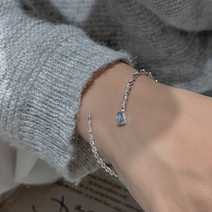 Minimalist S925 sterling silver twisted rope open bangle with light blue gemstone