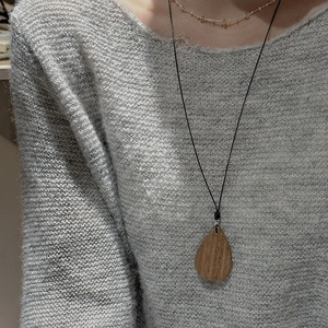Minimalist S925 silver wood grain teardrop pendant necklace with long black cord