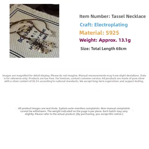 Detailed specs of S925 silver long tassel necklace with brown beads and 68cm length