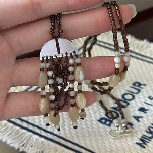 Bohemian 925 Sterling Silver Long Tassel Necklace For Women Brown Coffee Glass Resin Beaded Fringe Sweater Chain Jewelry