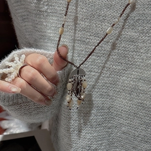 925 silver retro brown beaded necklace and woven ring set for winter sweater outfits